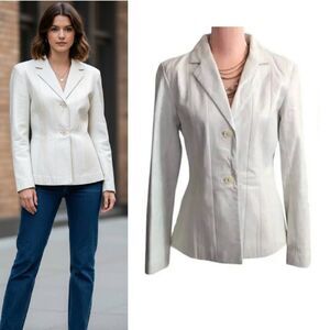 VTG 80s Margaret Godfrey White Leather Blazer Jacket Single Breasted Size 6